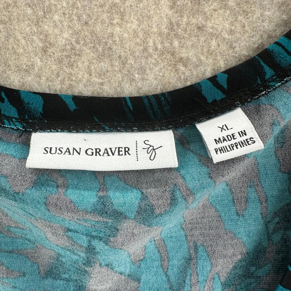 Susan Graver Liquid Knit Teal Black Abstract Stretch 3/4 Sleeve Dress Size XL - Picture 4 of 7
